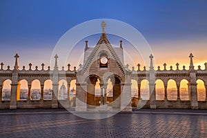 Budapest, Hungary - Beautiful golden sunrise at Fisherman`s Bastion Halaszbastya at autumn. Parliament of Hungary