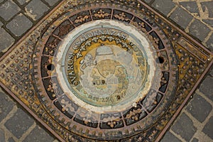 Budapest, Hungary: Beautiful hatch with ornament and decor, manhole cover on the road in city center on Budapest