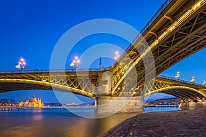 Budapest, Hungary - The beautiful illuminated Margaret Bridge with the Parliament of Hungary