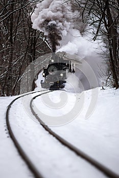 Budapest, Hungary - Beautiful snowy winter forest scene with old steam locomotive on the track in the Hungarian woods