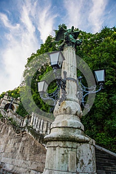 Budapest, Hungary: Beautiful Street lamp. View of Gellert hill in Budapest Hungary