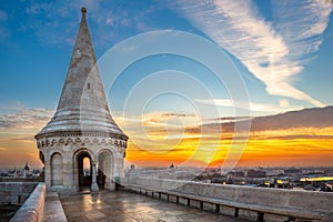 Budapest, Hungary - Beautiful sunrise at the Fisherman`s Bastion with skyline view of Budapest