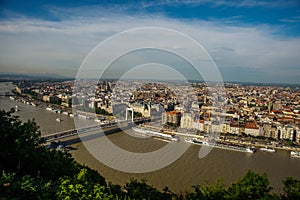 Budapest, Hungary: Buda and Pest connected by Erzsebet hid or Elisabeth Bridge in the evening. Editorial Image of Budapest view