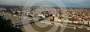 Budapest, Hungary: Buda and Pest connected by Erzsebet hid or Elisabeth Bridge in the evening. Editorial Image of Budapest view