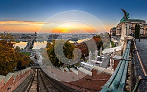 Budapest, Hungary - Budapest Castle Hill Funicular Budavari Siklo track and Buda Castle Royal Palace at sunrise