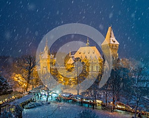 Budapest, Hungary - Christmas market in snowy City Park Varosliget from above at night with snowy trees