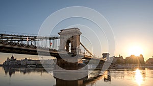 Budapest Hungary, city skyline sunrise time lapse at Chain Bridge