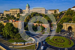 Budapest, Hungary - Clark Adam square roundabout from above at sunrise with Buda Castle Royal Palace