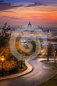 Budapest, Hungary - Curved road at Buda district with Parliament