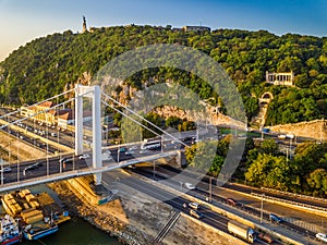 Budapest, Hungary - Elisabeth bridge Erzsebet hid early in the morning on an aerial shot with Gellert Hill