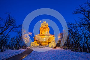 Budapest, Hungary - Elizabeth Lookout Erzsebet Kilato on the top of Janos Hill at blue hour
