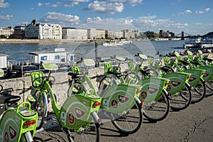 BUDAPEST, HUNGARY/EUROPE - SEPTEMBER 21 : Green bicycles available for hire in Budapest Hungary on September 21, 2014