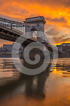 Budapest, Hungary - The famous Szechenyi Chain Bridge with amazing dramatic sky