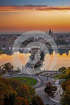 Budapest, Hungary - The famous Szechenyi Chain Bridge Lanchid and St. Stephen`s Basiica Szent Istvan Bazilika