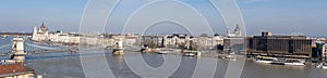 Budapest, Hungary - Feb 9, 2020: Panoramic view of of Szenchenyi Chain bridge over Danube river in Budapest winter