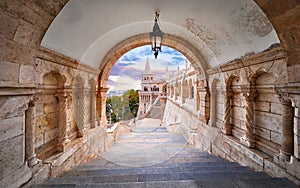 Budapest, Hungary. Fishermans Bastion. View at tower