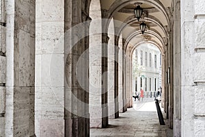 Budapest, Hungary. . Historic building, facade with columns and arched windows