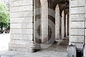 Budapest, Hungary. . Historic building, facade with columns and arched windows