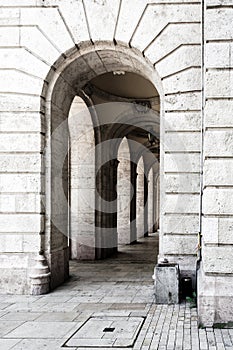 Budapest, Hungary. . Historic building, facade with columns and arched windows