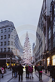 BUDAPEST, HUNGARY - January 01, 2018: The 'Fashion street' with Christmas decorations in Budapest, Hungary.