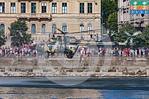 Hungarian Air Force Mil Mi-17 701 transport helicopter display over Danube river in Budapest downtown