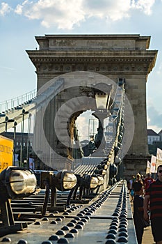 12.06.2019. Budapest, Hungary. A look on old the Chain Secheni Bridge and on an environment around it. The tourist place in Europe