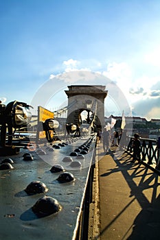 12.06.2019. Budapest, Hungary. A look on old the Chain Secheni Bridge and on an environment around it. The tourist place in Europe