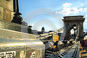 12.06.2019. Budapest, Hungary. A look on old the Chain Secheni Bridge and on an environment around it. The tourist place in Europe