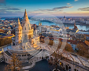 Budapest, Hungary - The main tower of the famous Fisherman`s Bastion Halaszbastya from above