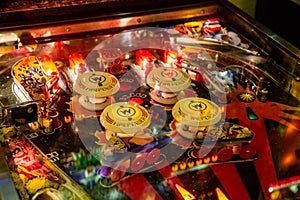 Budapest, Hungary - March 25, 2018: Pinball game museum. Pinball machine table close up view of retro vintage ball