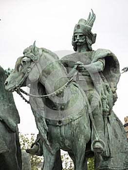 BUDAPEST, HUNGARY- MAY, 27, 2019: close up of one of the seven chieftains of the magyars statues at heroes square