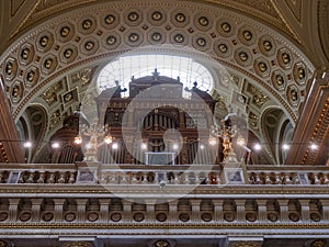 BUDAPEST, HUNGARY- MAY, 26, 2019: the interior looking towards the pipe organ of st stephen`s basilica in budapest