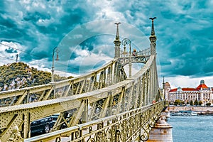 BUDAPEST, HUNGARY-MAY 06, 2016: Liberty  Bridge in  Budapest,bridge connecting Buda and Pest across the River Danube