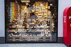 BUDAPEST, HUNGARY - NOVEMBER 08, 2019: Souvenir shop with Christmas decorations in Budapest