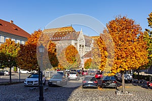 Budapest, Hungary - October 2021: National Archives of Hungary building in autumn