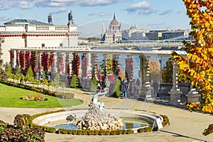 Budapest, Hungary - October 2021: Castle Garden Bazaar Varkert Bazar at Royal palace of Buda in autumn with Hungarian parliament
