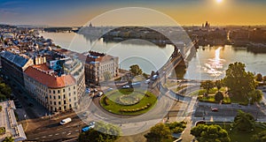 Budapest, Hungary - Panoramic aerial skyline view of Clark Adam square roundabout at sunrise