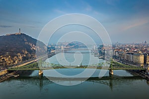 Budapest, Hungary - Panoramic aerial view of Budapest early in the morning with Libety Bridge