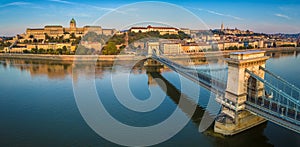 Budapest, Hungary - Panoramic aerial view of Szechenyi Chain Bridge at sunrise with Buda Castle Royal Palace