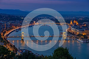 Budapest, Hungary - Panoramic skyline view at blue hour of the famous Szechenyi Chain Bridge