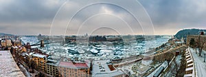 Budapest, Hungary - Panoramic skyline view of Budapest with the icy River Danube and Chain Bridge and other landmarks