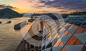 Budapest, Hungary - Panoramic view of a beautiful sunset over River Danube with Liberty Bridge, Gellert Hill photo