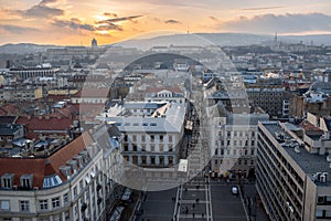 Budapest, Hungary - Panoramic view of Budapest from the colonade of St. Stephen's Basilica at sunset. View of the