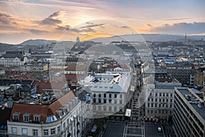 Budapest, Hungary - Panoramic view of Budapest from the colonade of St. Stephen's Basilica at sunset. View of the