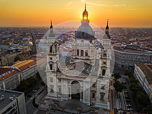 Budapest, Hungary - The rising sun shining through the tower of the beautiful St.Stephen`s Basilica Szent Istvan Bazilika