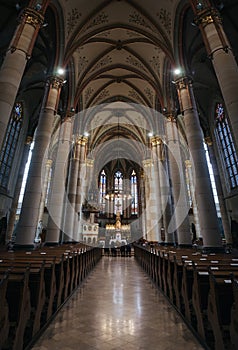 BUDAPEST, HUNGARY - SEPTEMBER 18, 2016: Parishioners and priest in church of St. Elizabeth of the House of ÃrpÃ¡d. Built between