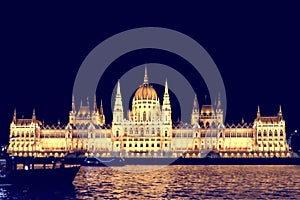 BUDAPEST, HUNGARY - SEPTEMBER 22, 2018: Famous Building of Hungarian Parliament on bank of the Danube river at night