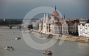 Budapest, Hungary - September, 09, 2019: The beautiful facade of Hungarian Parliament Building of Budapest