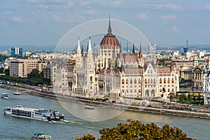 View of the Hungarian Parliament in Budapest by the Danube river from above.
