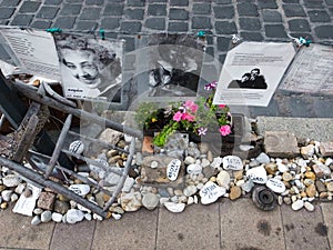 Budapest, Hungary - 15.05.2015: Shoes and photos on the ground in Holocaust memorial park in Budapest.